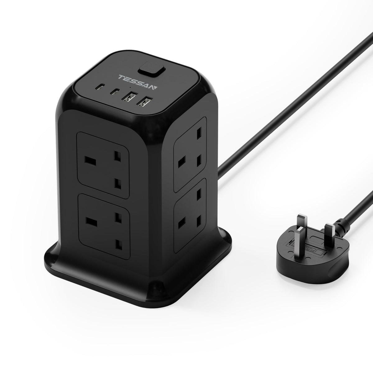 TESSAN 8 Way Tower Extension Lead 2M with 4 USB Slots (2 USB C)