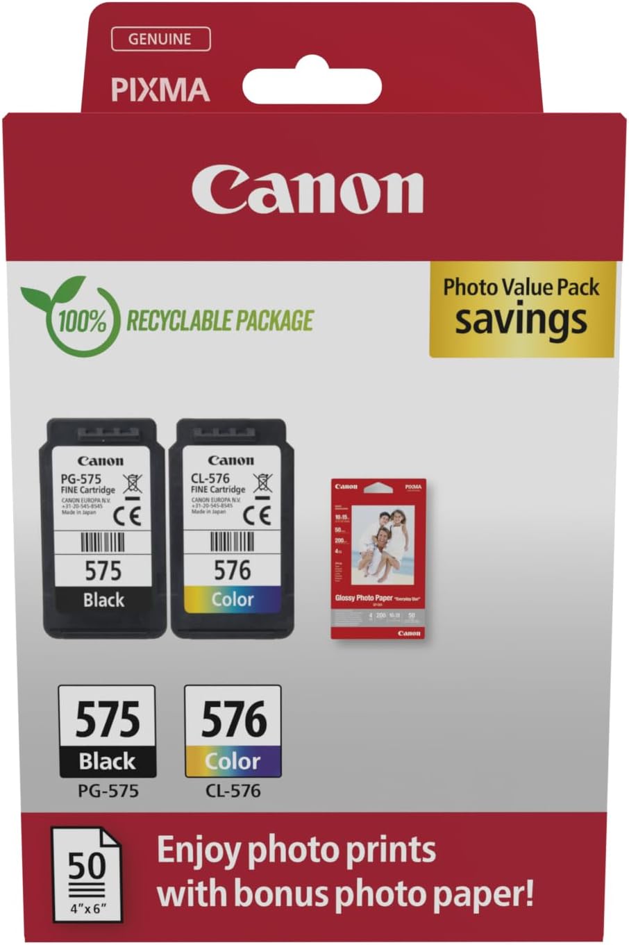Canon PG-575 + CL-576 FINE Genuine Ink Cartridges + Photo Paper