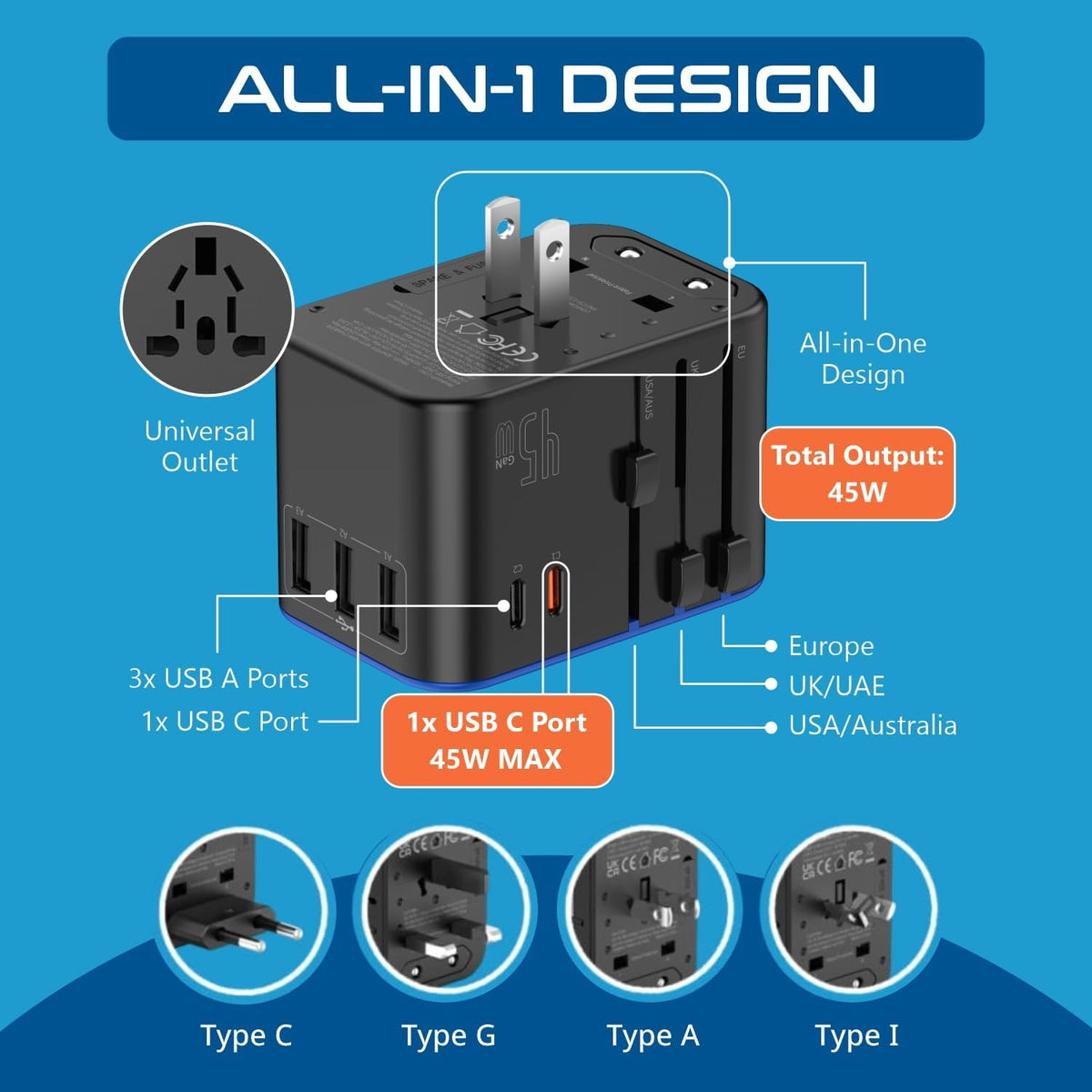 Ceptics 45W Universal Travel Adapter w/ 3 USB-A, 2 USB-C & Universal Input