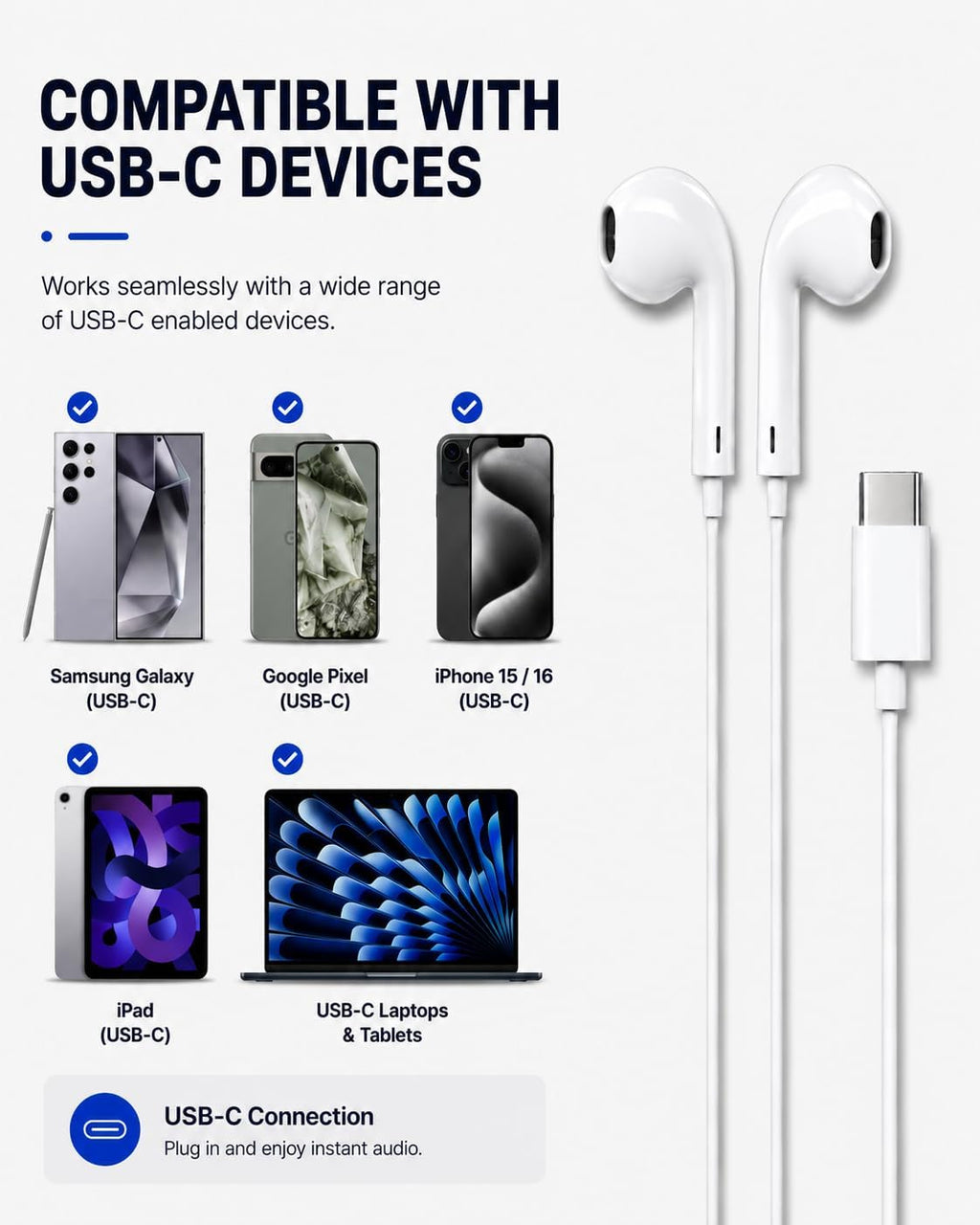 USB-C Wired Earphones with Microphone, In-Ear USB C Headphones, Stereo Earbuds with Mic, Wired Earphones for Samsung Galaxy, iPhone 15 Series, Google Pixel, iPad & USB-C Devices (1 Pack)