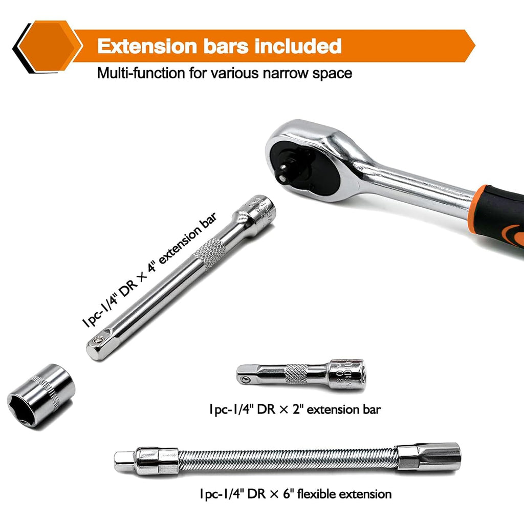 Egofine 46 Pieces 1/4 inch Drive Socket Ratchet Wrench Set, with Bit Socket Set Metric and Extension Bar for Auto Repairing and Household, with Storage Case