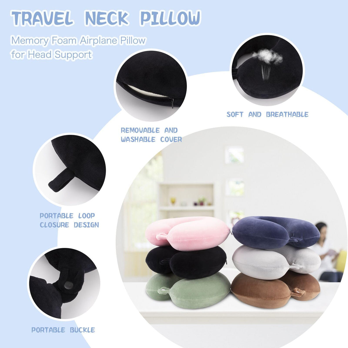WENGX Travel Neck Pillow With Storage Bag Memory Foam Head Support Flight Pillows Cushion for Airplane Train Car Office Travel Essential for a Long Hauls Sleeping Rest(Pale Pink)