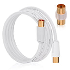 TV Aerial Cable 10m, 75 Ohm Coaxial Lead, IEC 9.5mm Male to Male 3C2V Pure Copper Dual Shielded, Right-Angle Connector, Female to Female Adaptor Included, Black