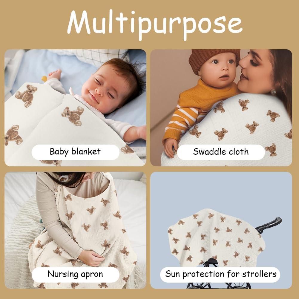 Aolso Breastfeeding Cover Nursing Cover, Muslin Cotton Soft Breathable Nursing Cover, Adjustable Strap Breast Feeding Coverall for Car Seat Blanket and Stroller Coverall (White-Bear)