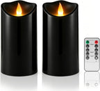 Outdoor Flameless Candles, Patented 3D Dual-LED, Set of 2 Slanted Plastic Pillars with Remote, Waterproof Non-Melting Battery Operated Decor for Bathroom Bedroom Gift, Black (D3 x H6)