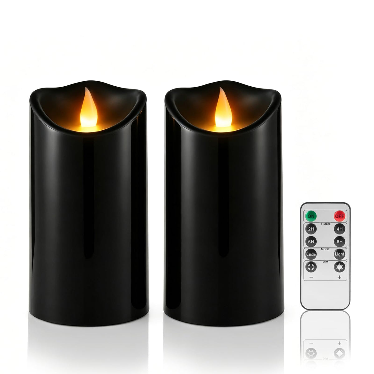 Outdoor Flameless Candles, Patented 3D Dual-LED, Set of 2 Slanted Plastic Pillars with Remote, Waterproof Non-Melting Battery Operated Decor for Bathroom Bedroom Gift, Black (D3 x H6)