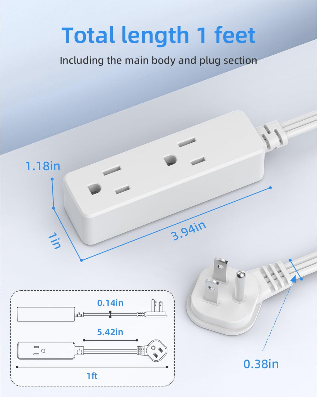 Flat Plug Extension Cord with 3 Outlets - 1Ft Low Profile Indoor 3 Prong Grounded Power Strip for Home Office & Travel - 16 AWG 13A/1625W, Black