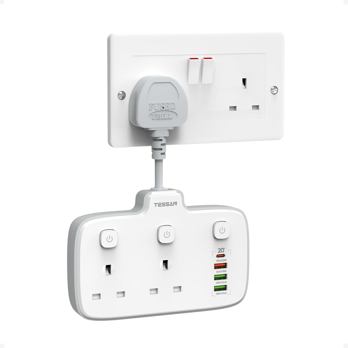 TESSAN Plug Adapter with 3 USB Ports, 2 Way MultiPlug Extension