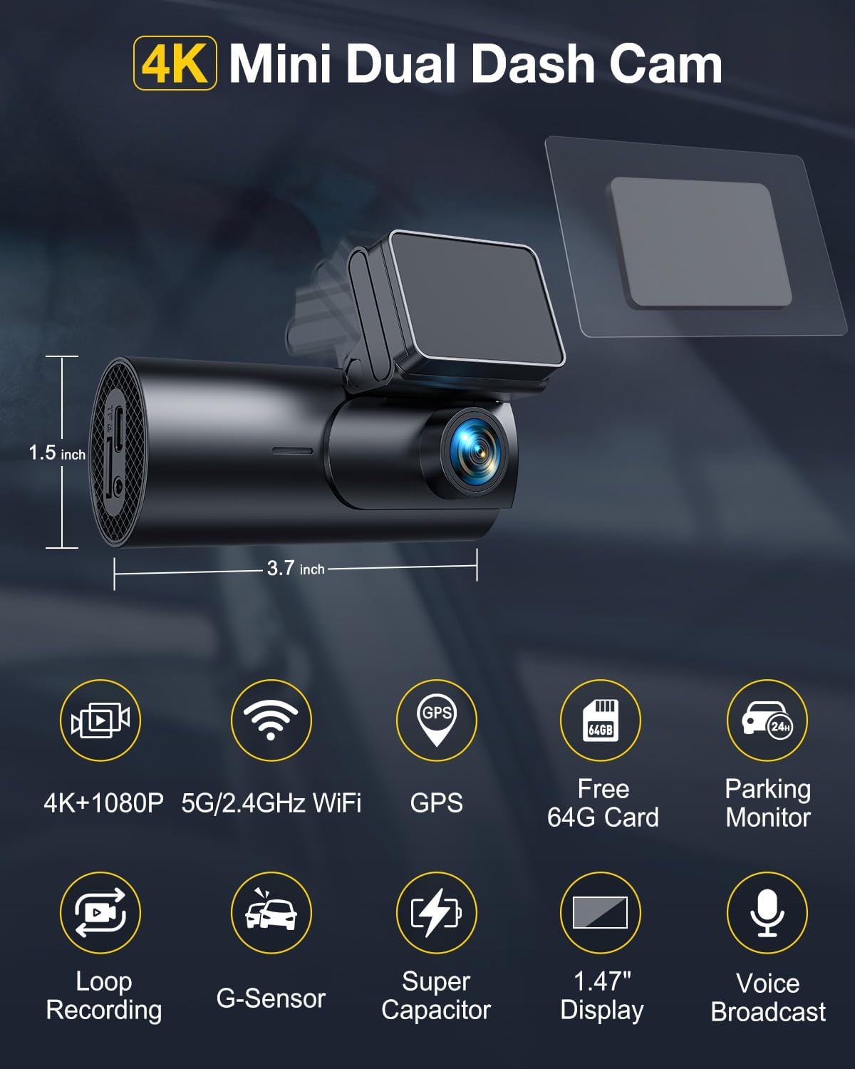 GKU 4K Dash Cam Front and Rear, 5GHz WiFi GPS, 64GB SD Card Included