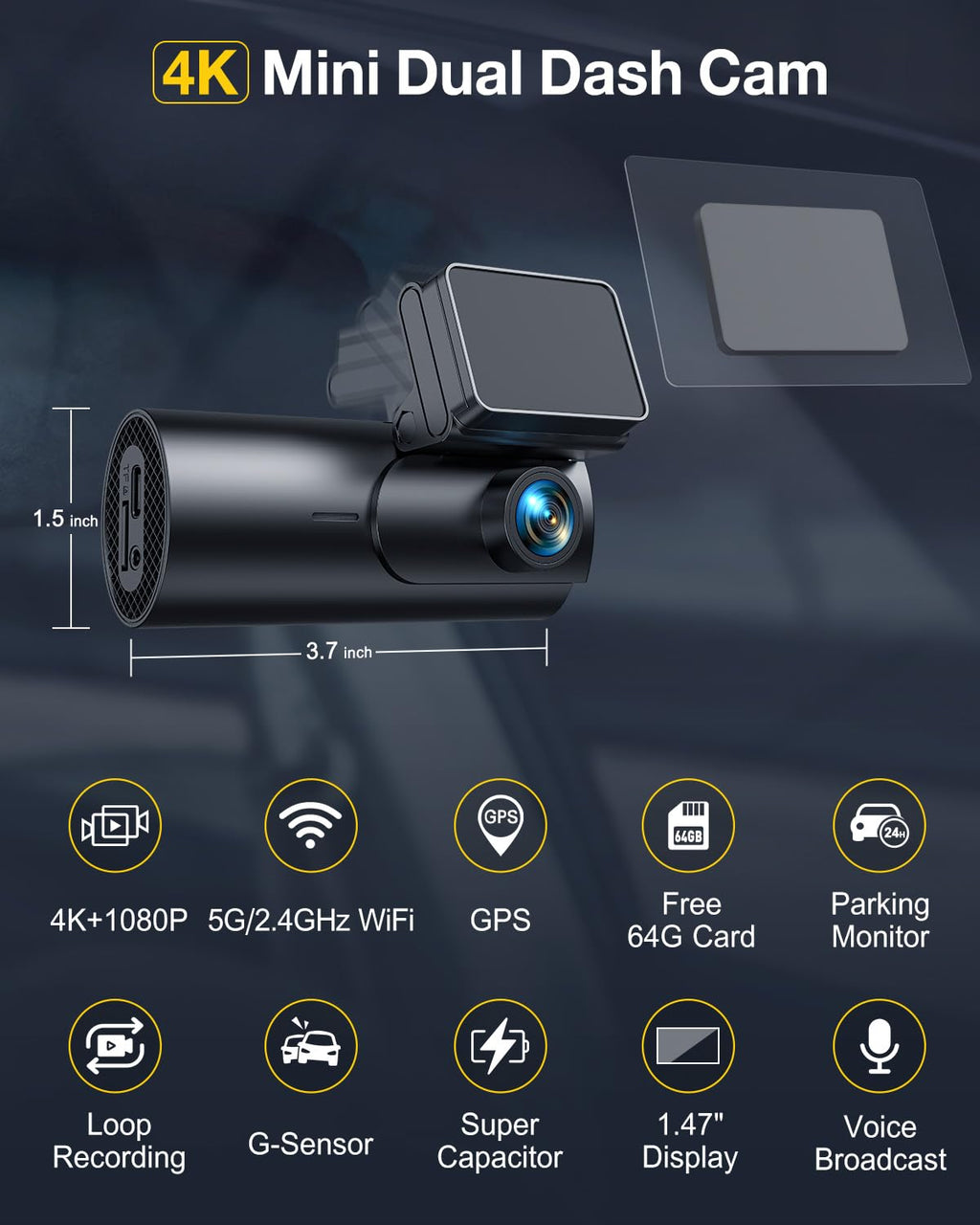 GKU 4K Dash Cam Front and Rear, 5GHz WiFi Dashcam with 64GB SD Card