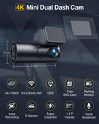GKU 4K Dash Cam Front and Rear, 5GHz WiFi Dashcam with 64GB SD Card