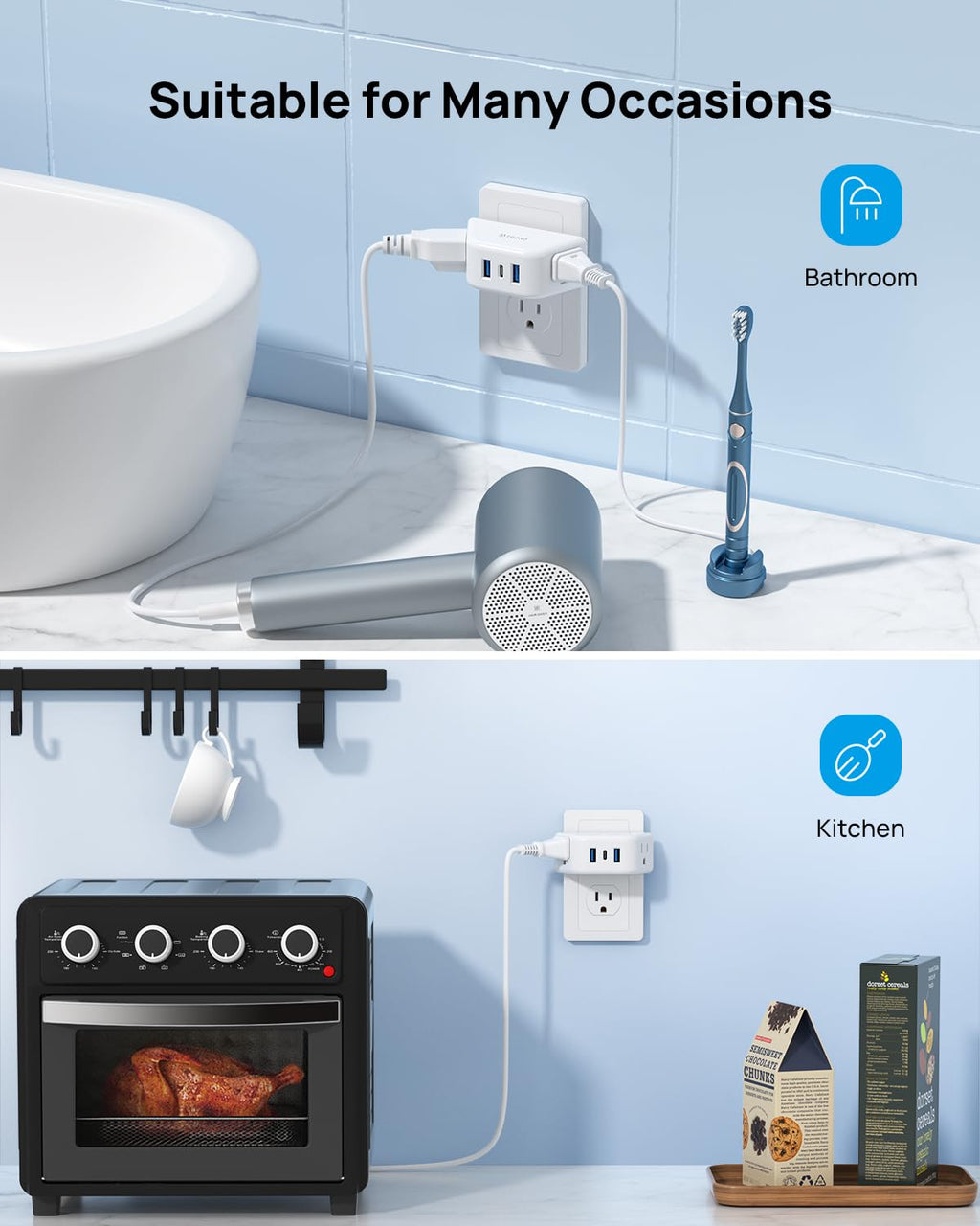TROND Multi Plug Outlet Extender with USB, 2 Pack Plug Splitter
