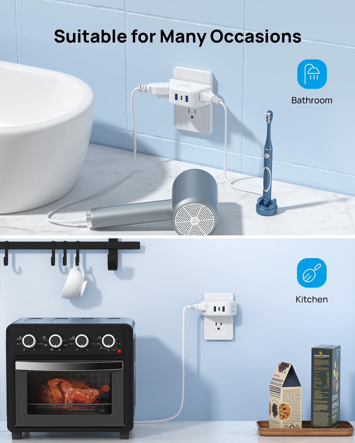 TROND Multi Plug Outlet Extender with USB, 2 Pack Plug Splitter