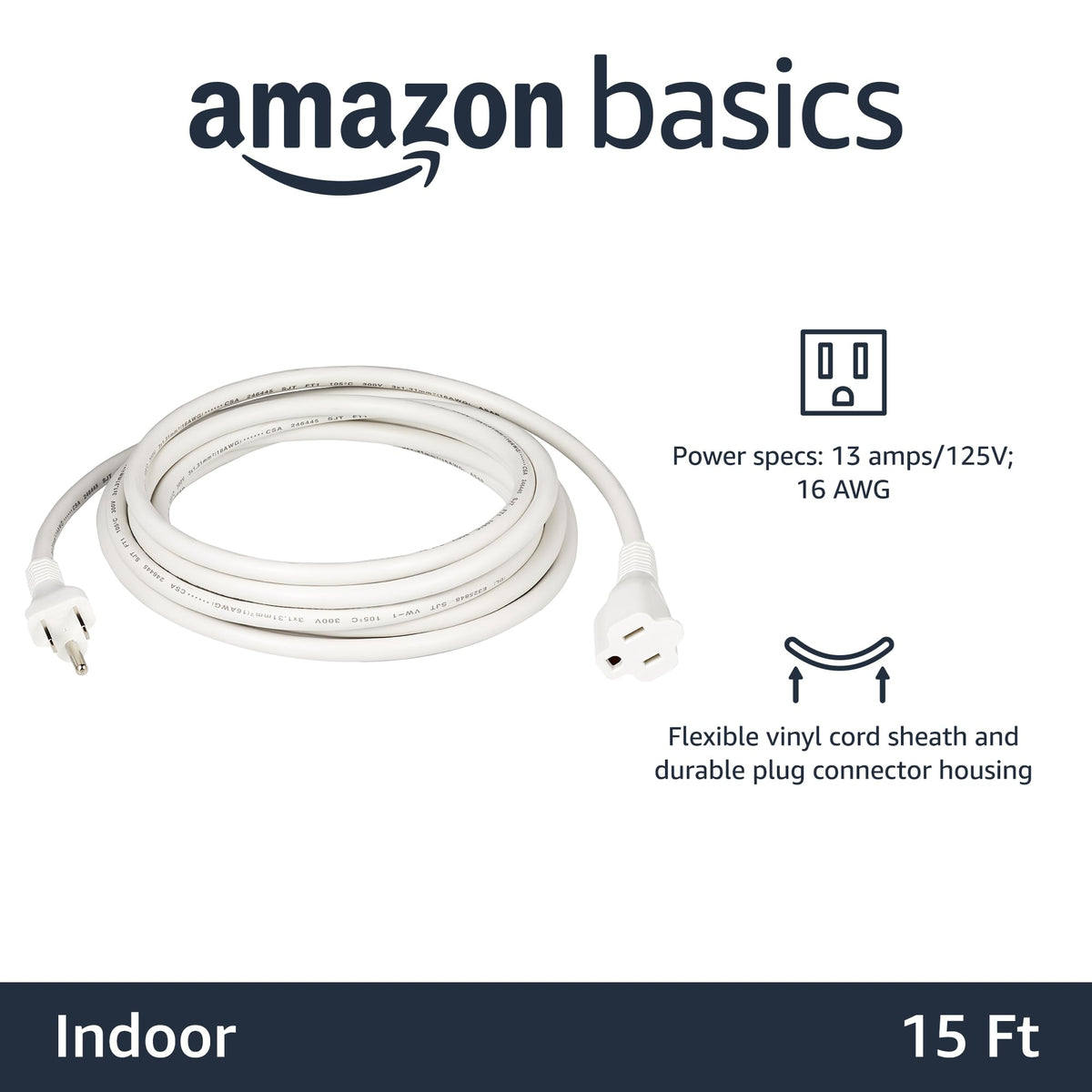 Amazon Basics Extension Cord, 3 Prong Outlet Extender, Indoor Power Cord, 13 Amps, 125V, 6 Ft, Black