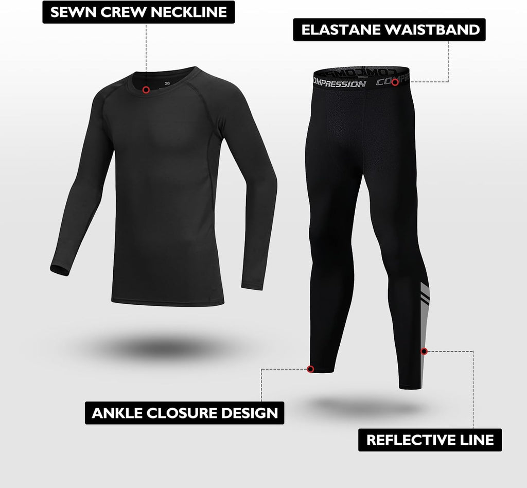 Kids Base Layer - Fleece Lined Athletic football skins, Warm Football Skins Long Sleeve Top and Leggings Compression Set, Reflective Line Thermal Underwear for Biking, Ski & Running