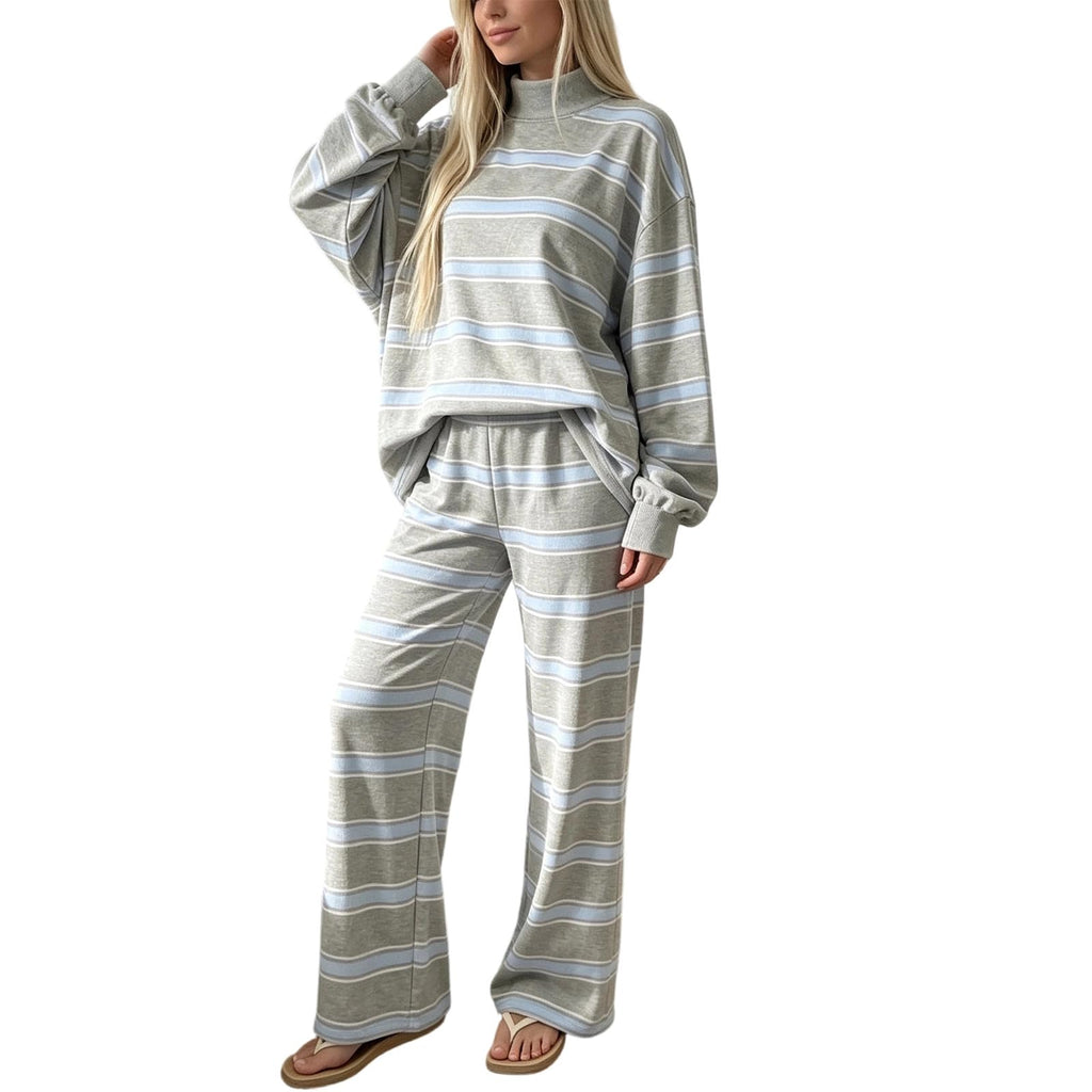 Striped Lounge Wear Sets for Women UK 2 Piece Outfits Loungewear Travel Matching Pyjamas Sets Mock Neck Oversized Knitted Jumper Long Sleeve Top and Wide Leg Pants Fall Winter
