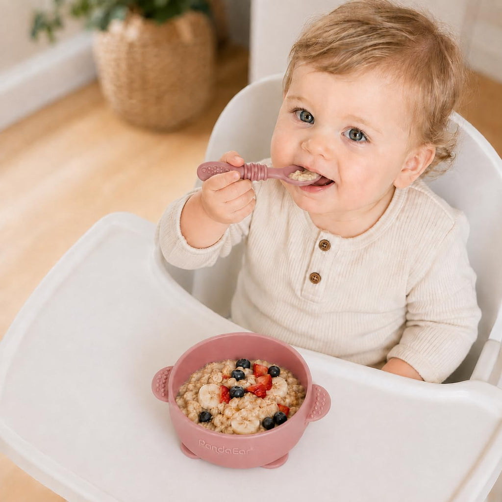 PandaEar 3 Pack Baby Suction Bowls with 3 Spoons, Stay Put Silicone Food Bowl Babies Led Weaning Supplies for Kids Toddlers, BPA-Free (Linen Brown Tan)