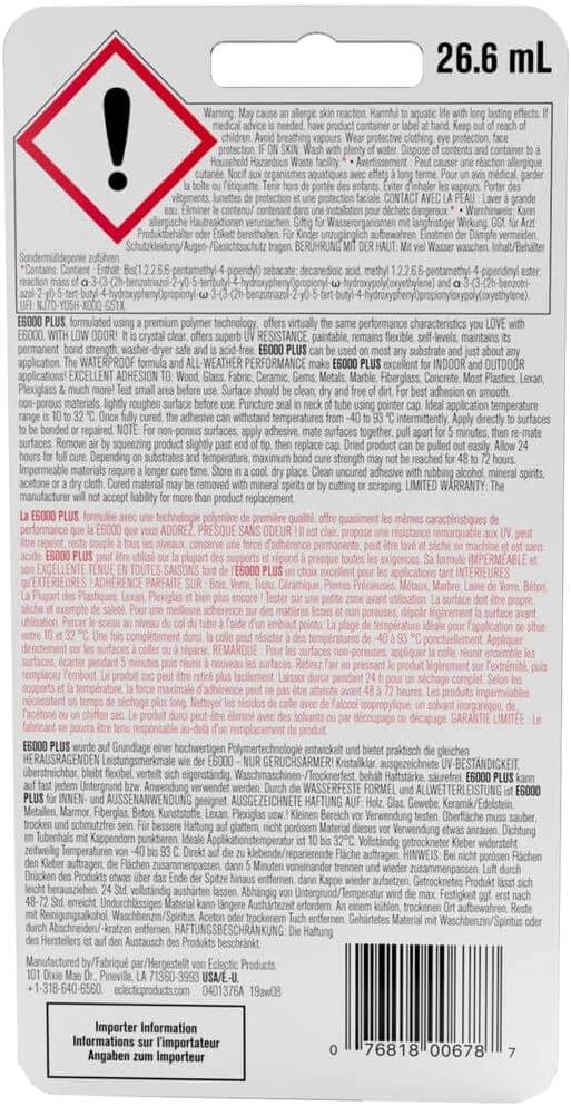 Eclectic Products inc. E6000 Plus Multi-purpose Clear Glue, Waterproof and Paintable, Strong Flexible Craft Adhesive for Wood, Glass, Fabric, Ceramic, Metal and More, 56.1ml