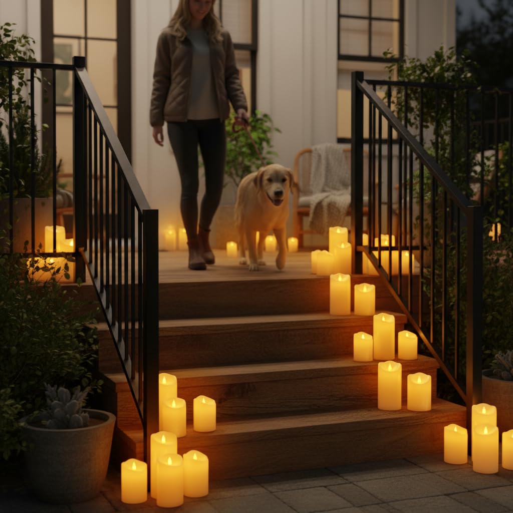Outdoor Flameless Candles, Patented 3D Dual-LED, Set of 2 Slanted Plastic Pillars with Remote, Waterproof Non-Melting Battery Operated Decor for Bathroom Bedroom Gift, Black (D3 x H6)