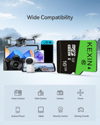 KEXIN Micro SD Card 64GB, MicroSDXC Memory Card UHS-3 Up to 85MB/s Read 30MB/s Write, Class 10 C10 U3 TF Card for Camera, Smartphone, Security System, Drone, Tablet (Black Green)