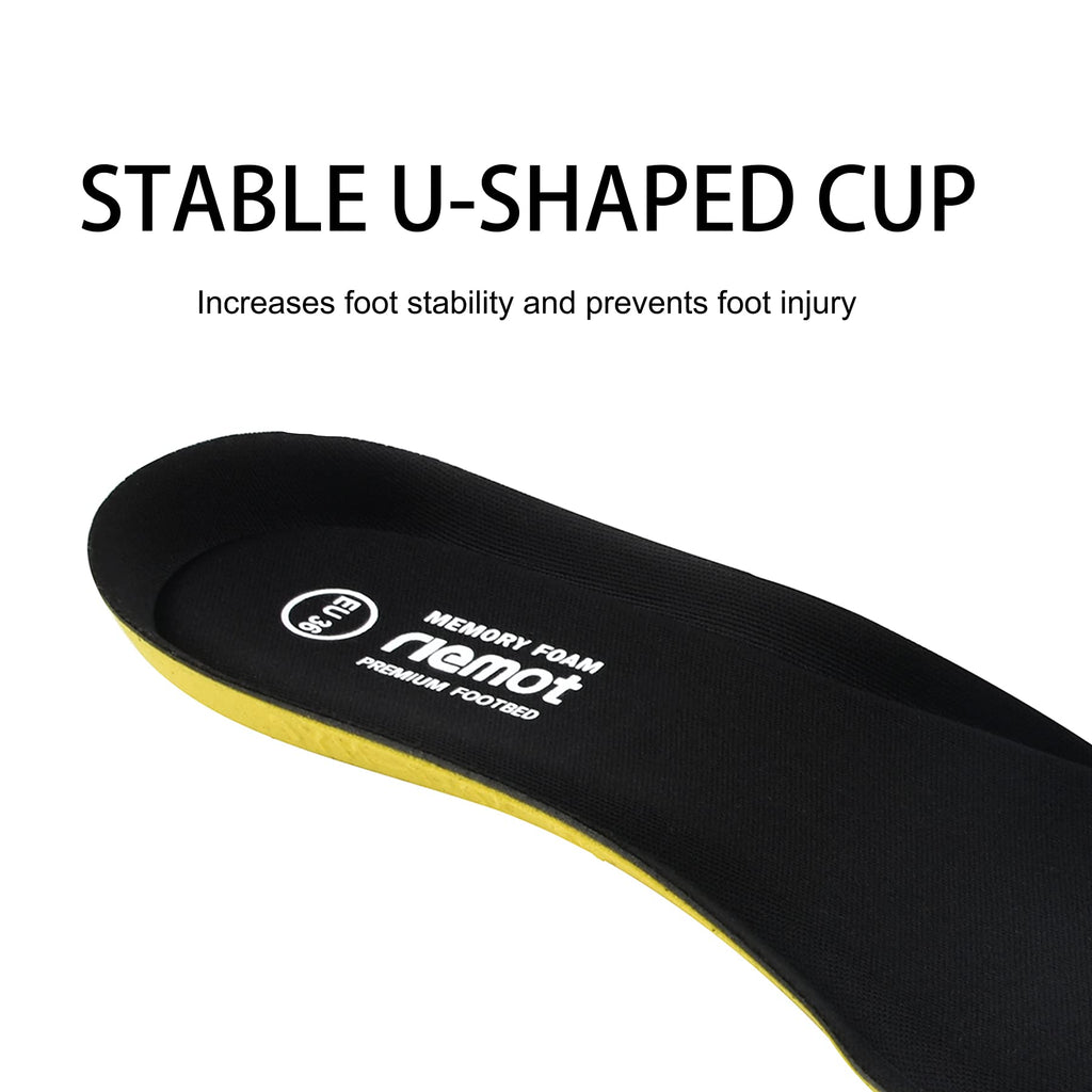 riemot Memory Foam Insoles for Men and Women - Replacement Shoe Inserts Comfort Cushioning for Sports Shoes, Trainers, Sneakers, Work Boots and Walking Shoes, Black with Yellow Base, UK8 / EU42
