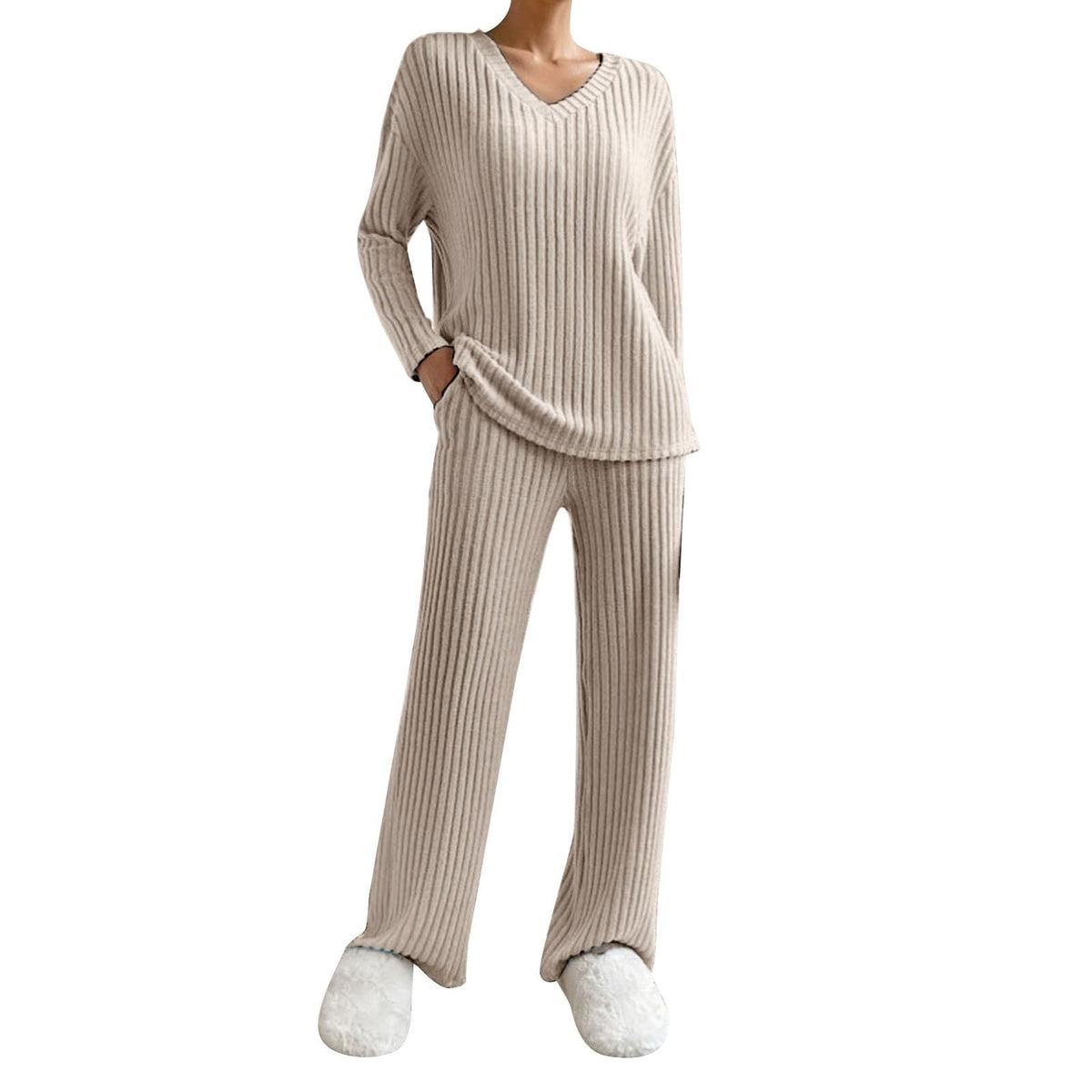 Lounge Wear Sets For Women Uk, Womens Pyjamas Set Long, Ladies Ribbed Loungewear Knit Outfits Womens Tracksuits 2 Piece Set V Neck Casual Casual Homewear