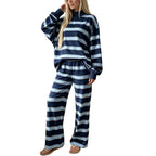 Striped Lounge Wear Sets for Women UK 2 Piece Outfits Loungewear Travel Matching Pyjamas Sets Mock Neck Oversized Knitted Jumper Long Sleeve Top and Wide Leg Pants Fall Winter