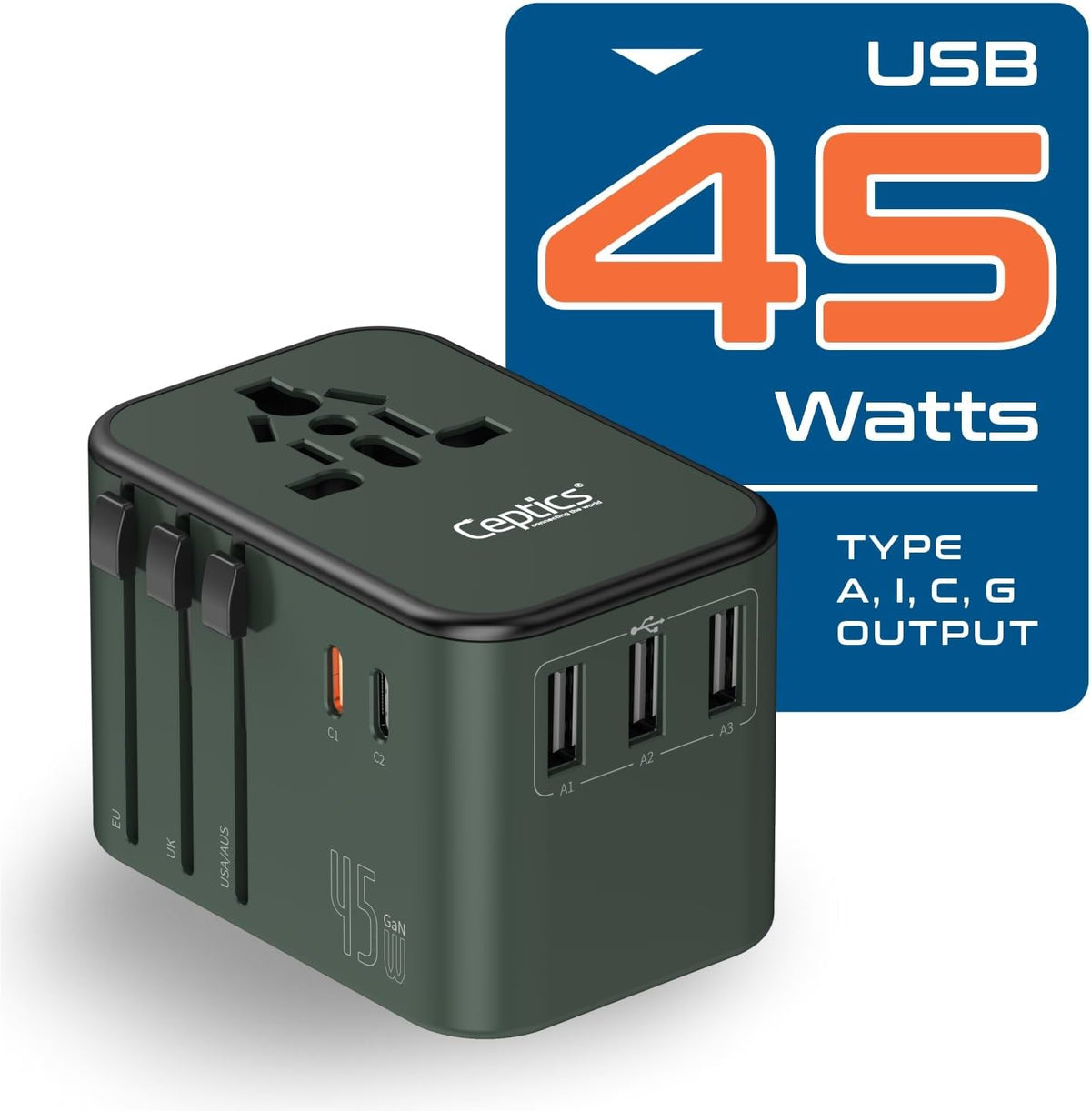 Ceptics 45W Universal Travel Adapter w/ 3 USB-A, 2 USB-C & Universal Input