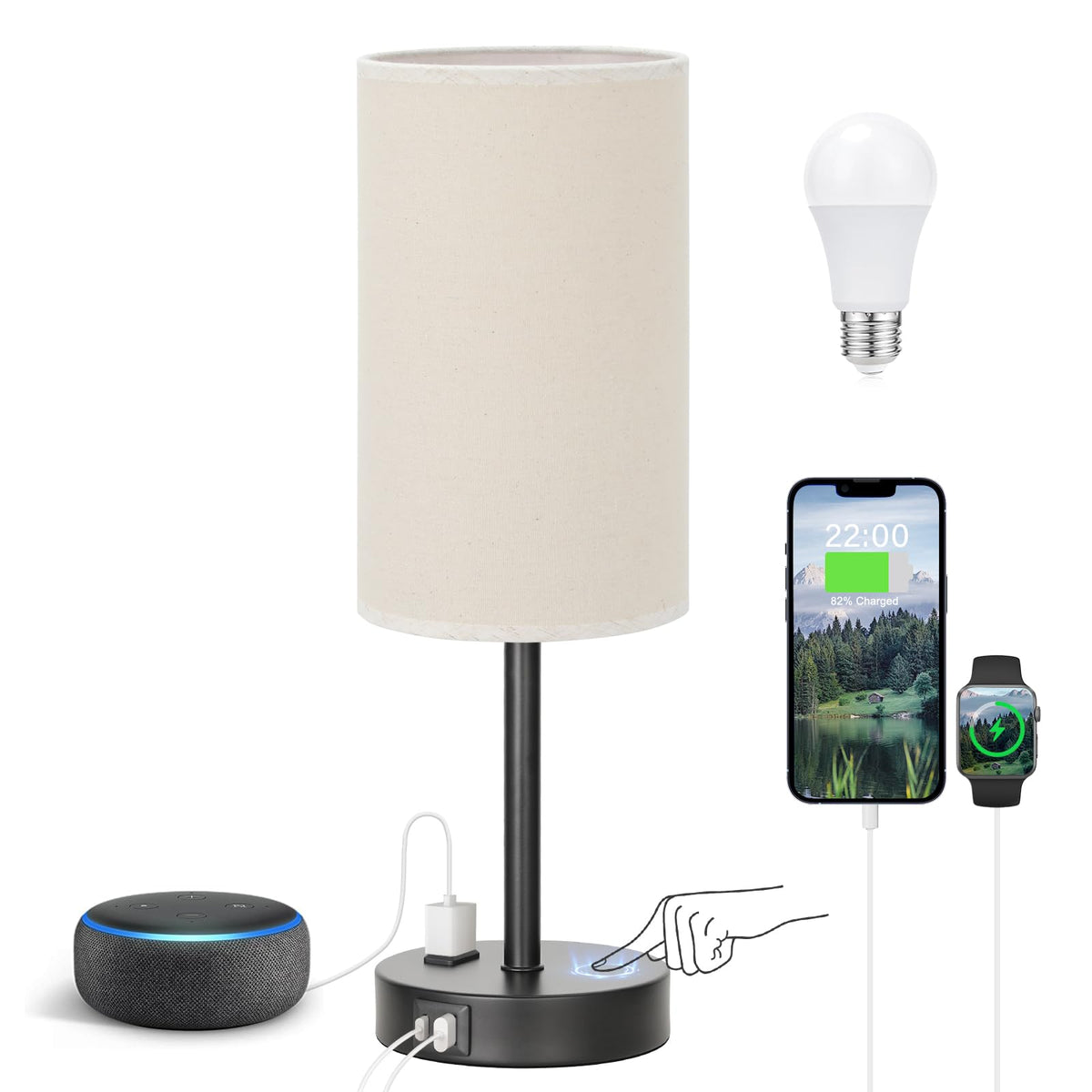Fenmzee Bedside Table Lamp Set of 2 - Dimmable Touch, USB A+C, AC Outlet