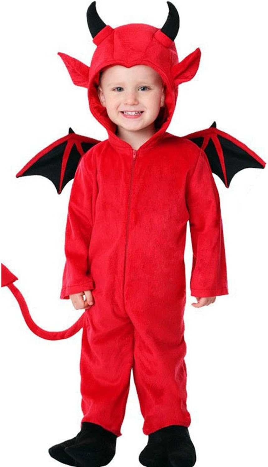 Toddler Halloween Devil Jumpsuits Flannel Front Zipper Hooded Devil Onesie Costume with Wing Fleece Warm Jumpsuit Kids Birthday Party Performance Outfit
