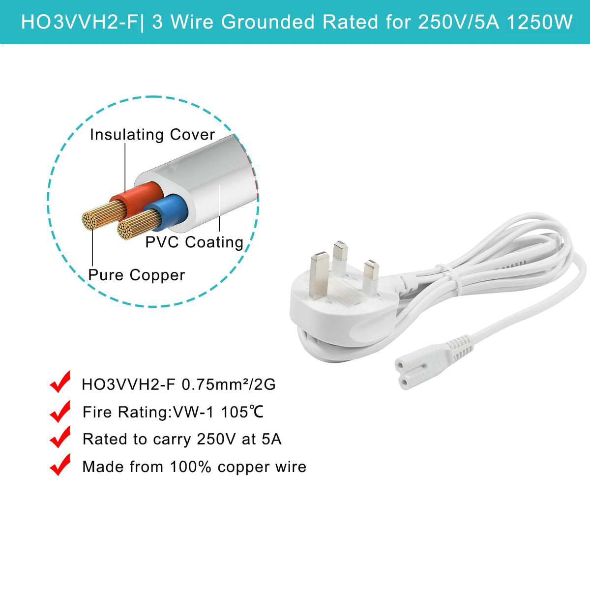 TV power cable 3M, 2 Pin Mains Power Lead Fig Figure 8 UK Power Cable, IEC320C7 to BS 1363 C7 Figure 8 Power Lead compatible with Samsung LG Philips Toshiba TV/Printer/PS4/PS3/PS5…