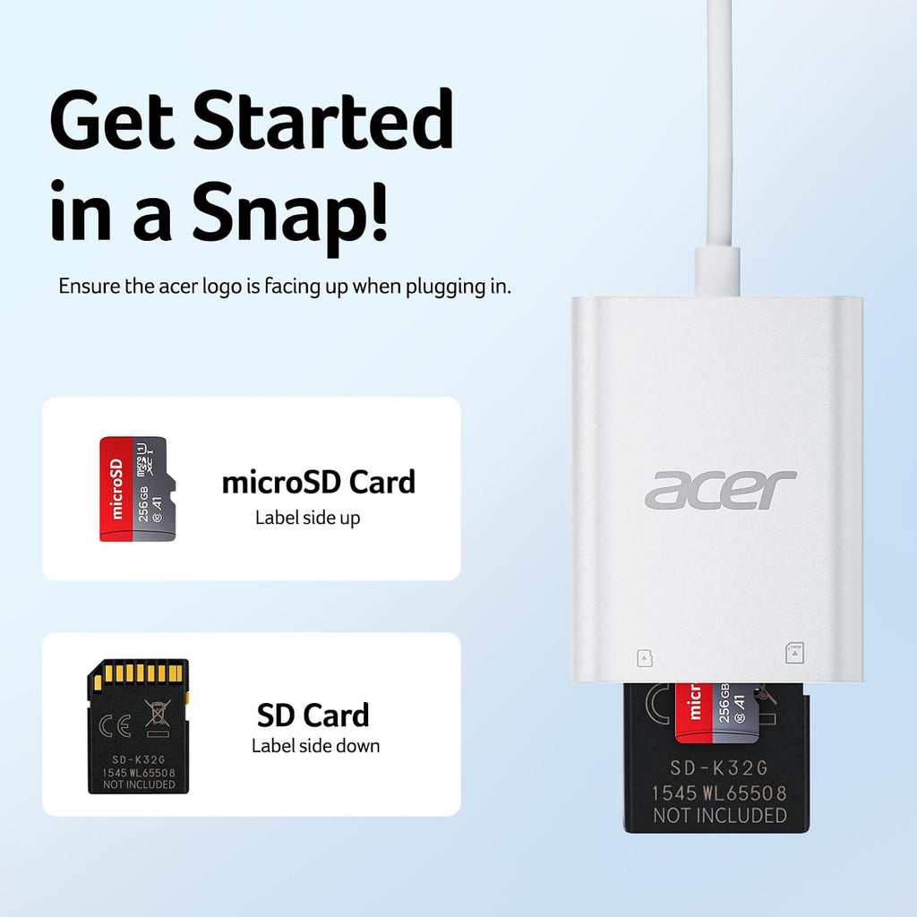 Acer USB-C SD Card Reader, High Speed Type-C Micro SD Card Adapter, USBC External Memory Card Reader SDXC, Micro SDXC Card, Compatible with MacBook Pro/Air, Acer Laptop, iPhone 16, Camera -Silver