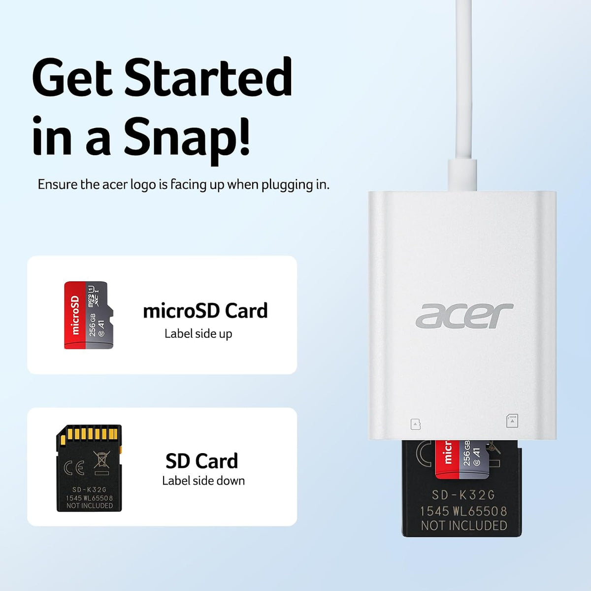 Acer USB-C SD Card Reader, High Speed Type-C Micro SD Card Adapter, USBC External Memory Card Reader SDXC, Micro SDXC Card, Compatible with MacBook Pro/Air, Acer Laptop, iPhone 16, Camera -Silver