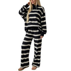 Striped Lounge Wear Sets for Women UK 2 Piece Outfits Loungewear Travel Matching Pyjamas Sets Mock Neck Oversized Knitted Jumper Long Sleeve Top and Wide Leg Pants Fall Winter