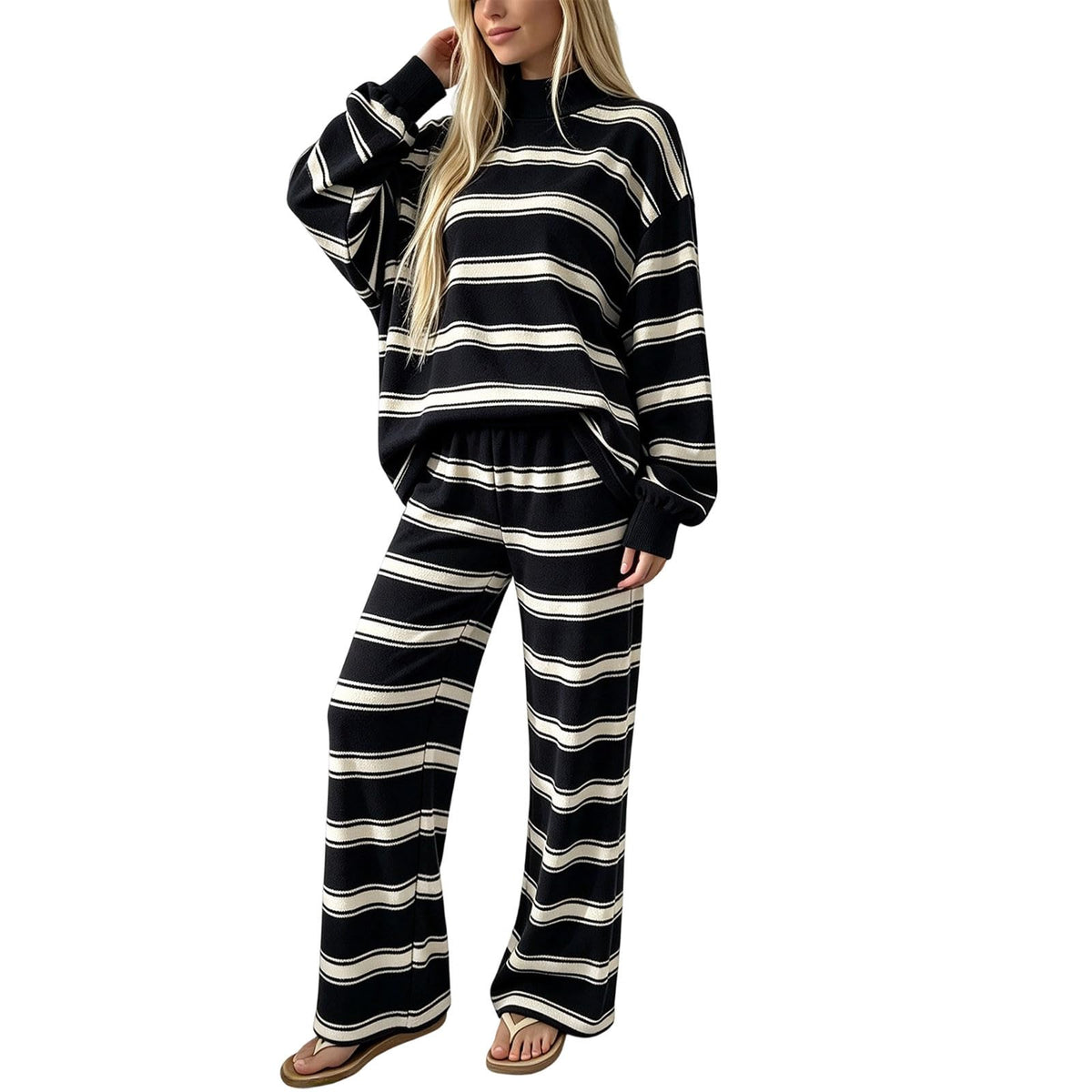 Striped Lounge Wear Sets for Women UK 2 Piece Outfits Loungewear Travel Matching Pyjamas Sets Mock Neck Oversized Knitted Jumper Long Sleeve Top and Wide Leg Pants Fall Winter
