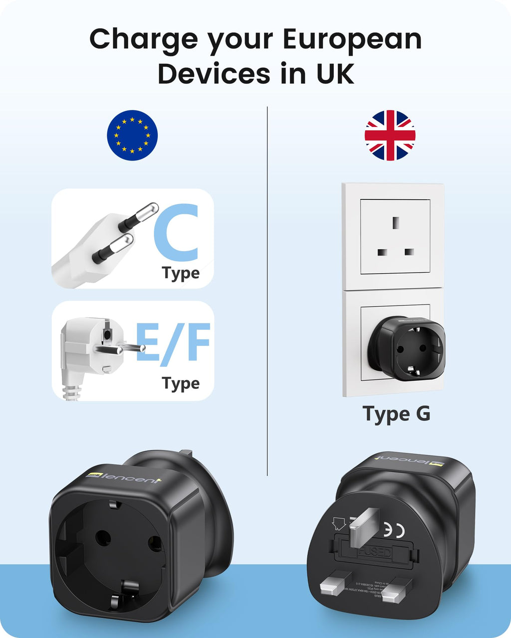 LENCENT 2 Pack EU to UK Plug Adapter