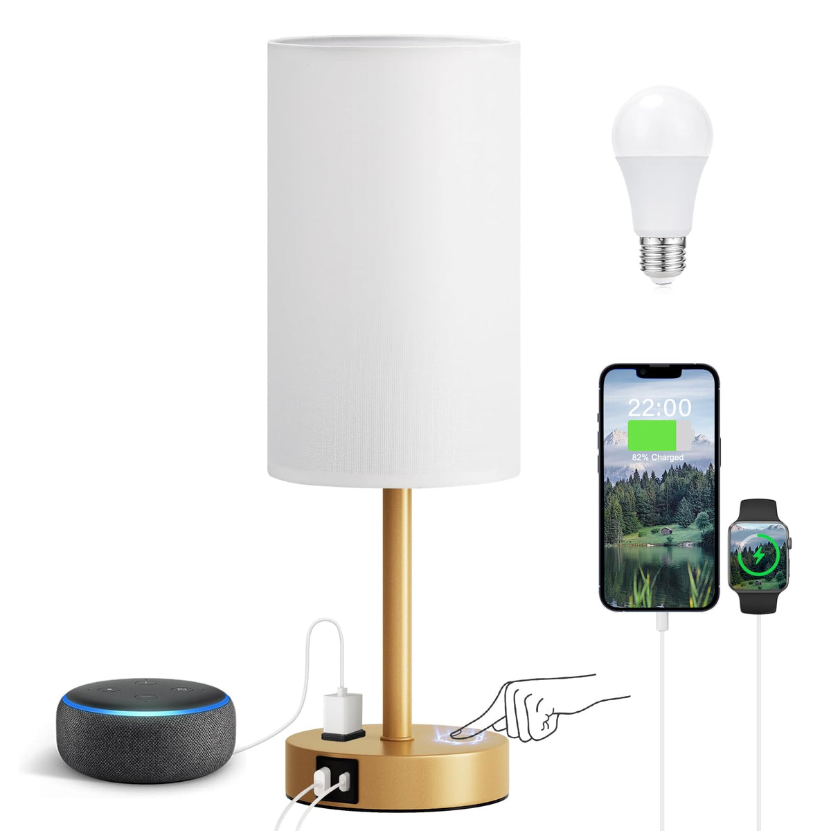 Fenmzee Bedside Table Lamp Set of 2 - Dimmable Touch, USB A+C, AC Outlet