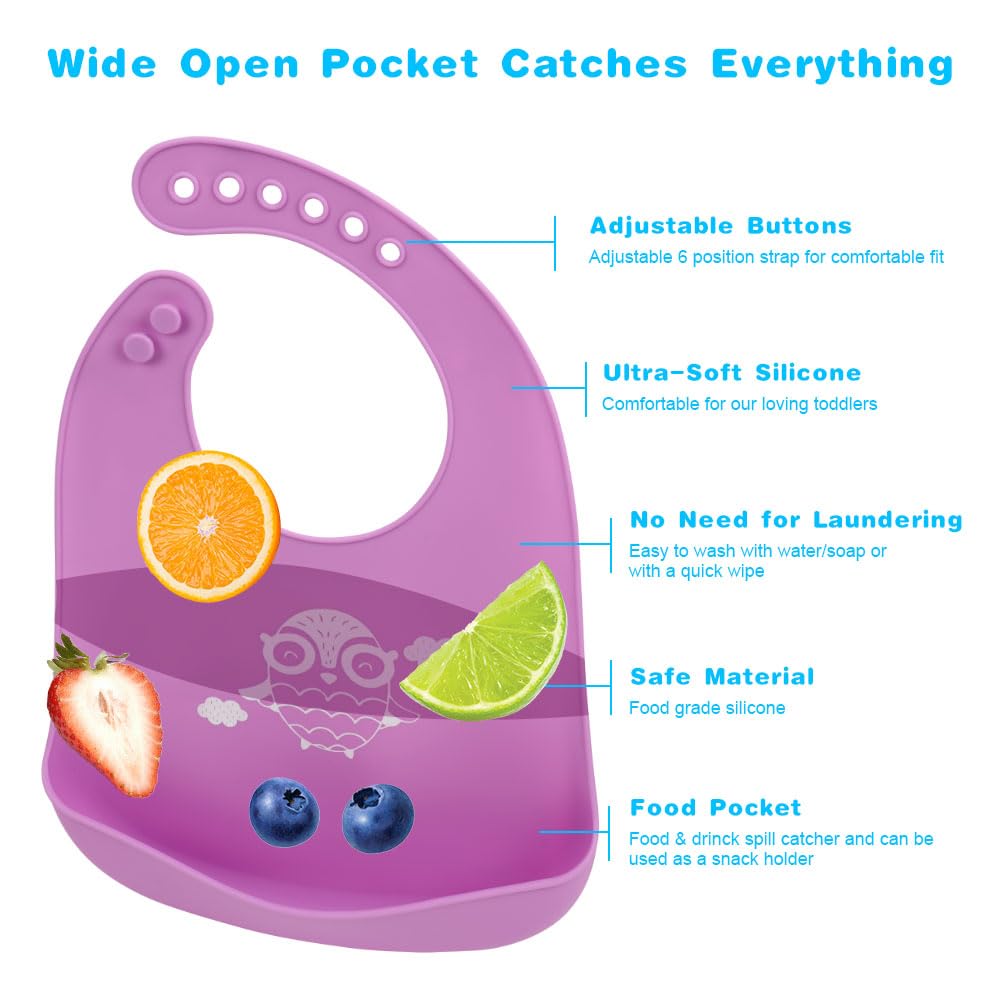 Vicloon Silicone Baby Bib, Baby Weaning Bibs, Waterproof Baby Feeding Bibs Adjustable with Wide Food Catcher Pocket Unisex Toddler Bibs