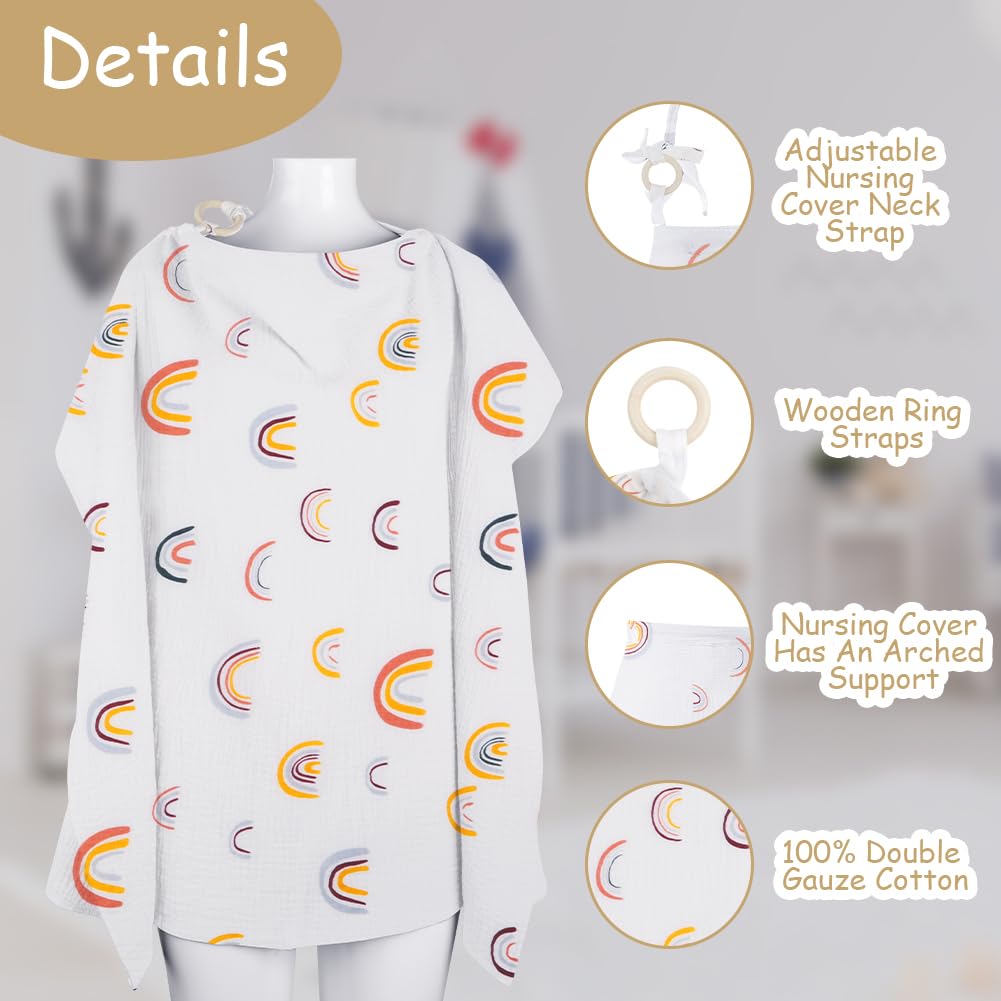 Aolso Breastfeeding Cover Nursing Cover, Muslin Cotton Soft Breathable Nursing Cover, Adjustable Strap Breast Feeding Coverall for Car Seat Blanket and Stroller Coverall (White-Bear)