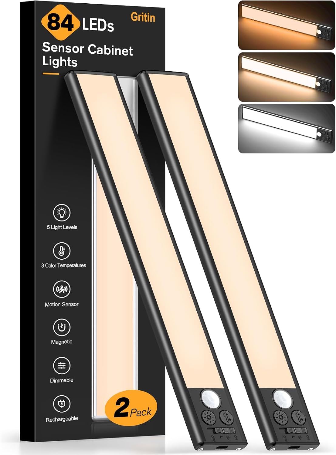 Gritin Under Cabinet Lighting 10.2inch,2 Pack Eye Caring 3-Color 4 Working Modes Dimmable Motion Sensor Light Indoor,Rechargeable Wireless Magnetic Closet Lights Under Counter Light for Kitchen,Stairs