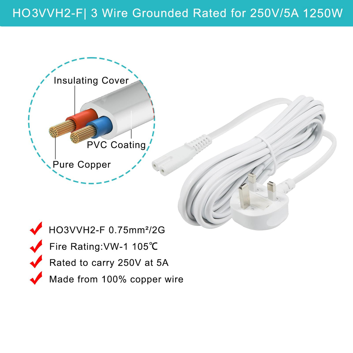 TV power cable 3M, 2 Pin Mains Power Lead Fig Figure 8 UK Power Cable, IEC320C7 to BS 1363 C7 Figure 8 Power Lead compatible with Samsung LG Philips Toshiba TV/Printer/PS4/PS3/PS5…