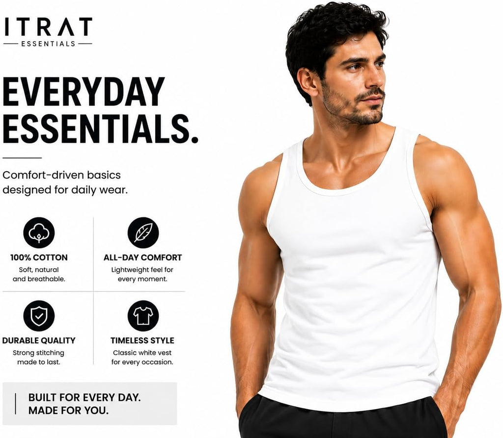 ITRAT Men's Cotton Vests Tank Tops Slim Fit Summer Top Breathable Sleeveless Shirt, Easy Fit Athletic Wear for Workout, Everyday Use and Training Activities (Pack 1, White, XL)