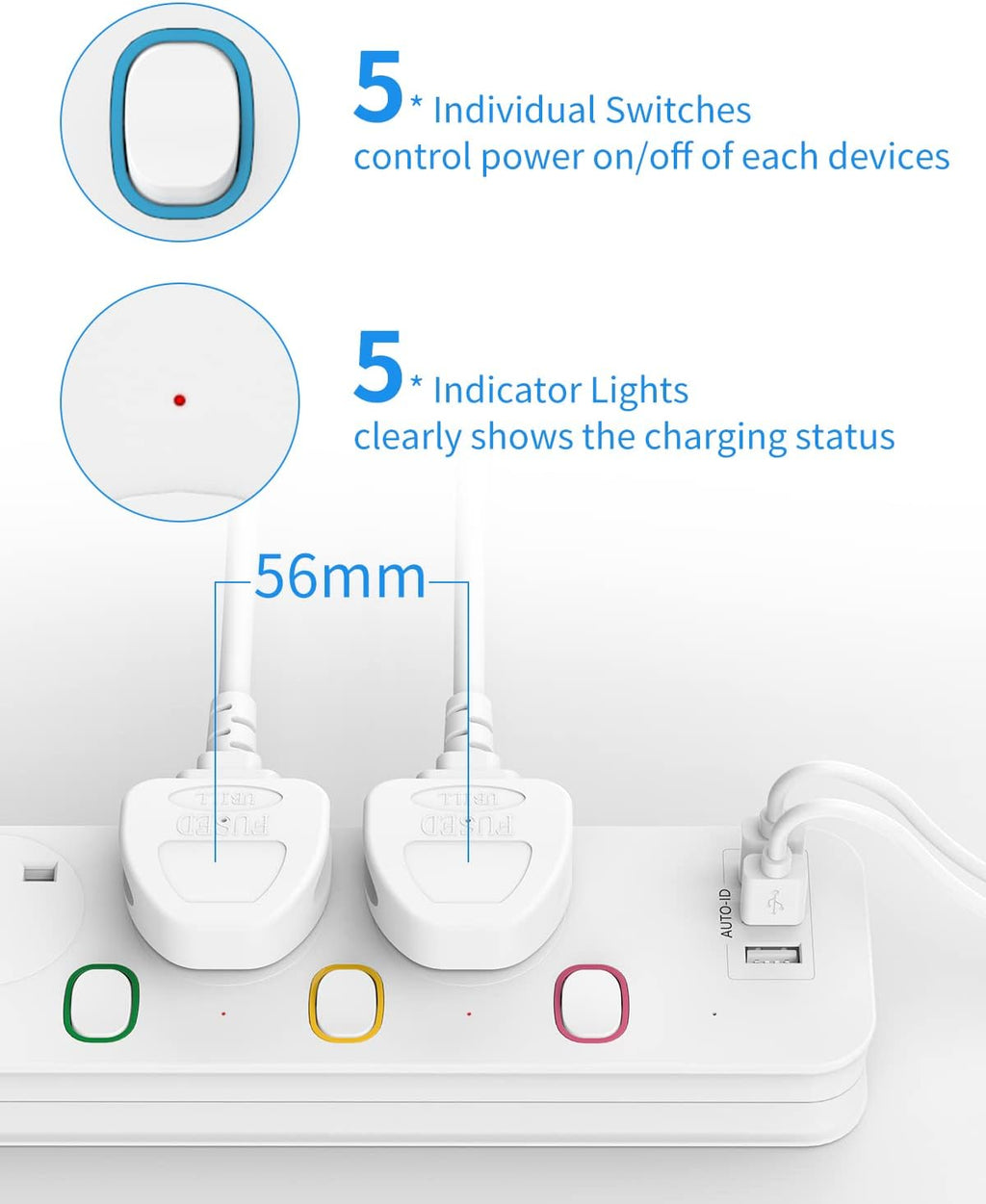Mscien Extension Lead with USB Slots, 4 Way 3 USB Extension Socket with Individual Switches, Mountable Overload Protection Power Strips, 1.8 Meter Cable, 13A/3250W