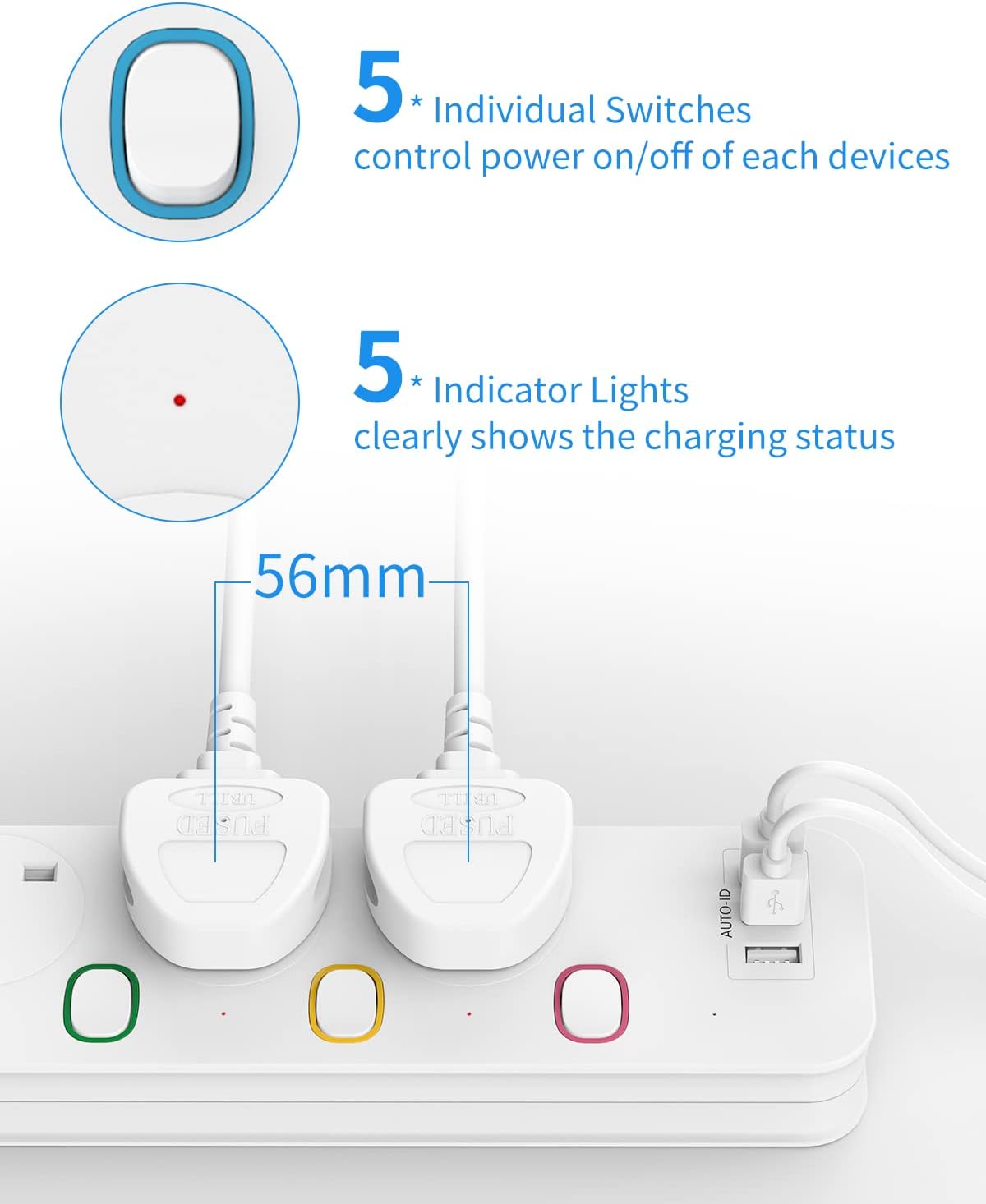 Mscien Extension Lead with USB Slots, 4 Way 3 USB Extension Socket with Individual Switches, Mountable Overload Protection Power Strips, 1.8 Meter Cable, 13A/3250W