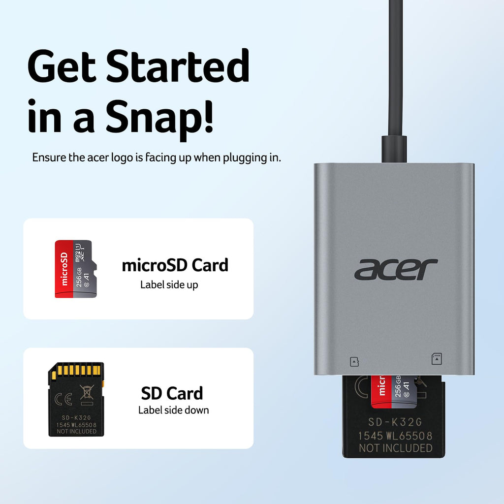 Acer USB-C SD Card Reader, High Speed Type-C Micro SD Card Adapter, USBC External Memory Card Reader SDXC, Micro SDXC Card, Compatible with MacBook Pro/Air, Acer Laptop, iPhone 16, Camera -Silver