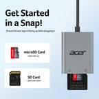 Acer USB-C SD Card Reader, High Speed Type-C Micro SD Card Adapter, USBC External Memory Card Reader SDXC, Micro SDXC Card, Compatible with MacBook Pro/Air, Acer Laptop, iPhone 16, Camera -Silver