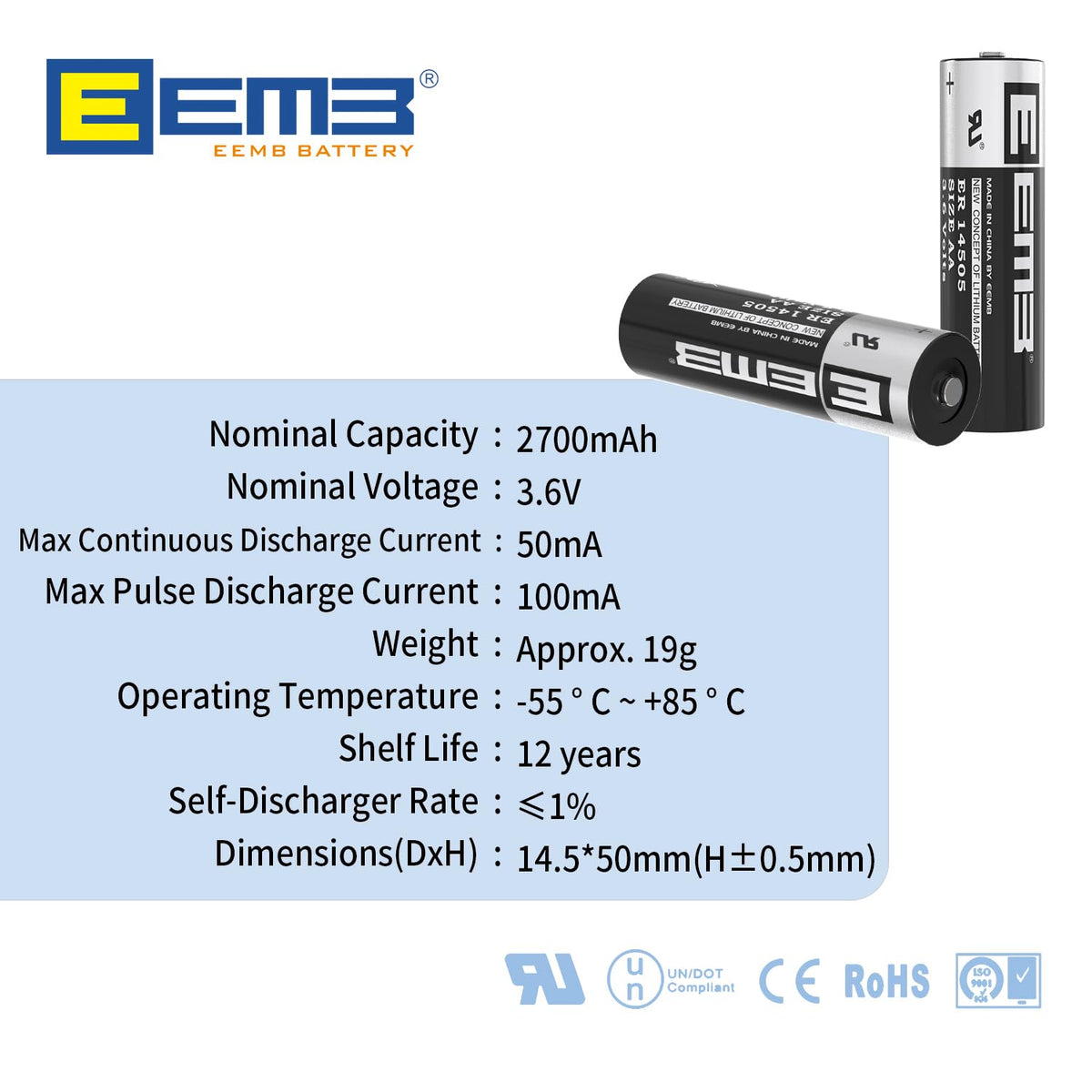 EEMB ER14505 AA 3.6V 2700mAh Lithium Battery Li-SOCL₂ Non-Rechargeable Battery SB-AA11 LS14500 TL-5903 SL-360 ER14500 for Water Electricity Meter Gas PLC Facility Equipment Spare Generic Battery (4)