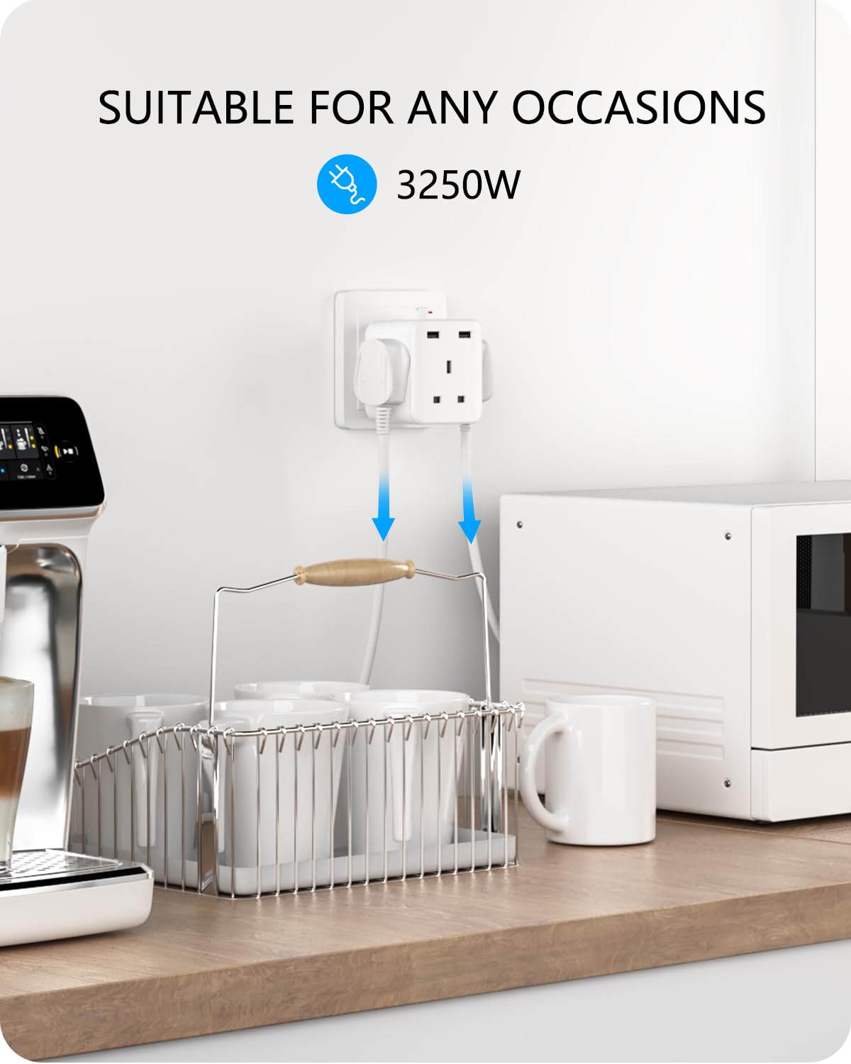 LENCENT 3 Way Plug Extension Socket with 2 Fast Charge USB, PD45W USB C