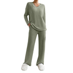 Lounge Wear Sets For Women Uk, Womens Pyjamas Set Long, Ladies Ribbed Loungewear Knit Outfits Womens Tracksuits 2 Piece Set V Neck Casual Casual Homewear