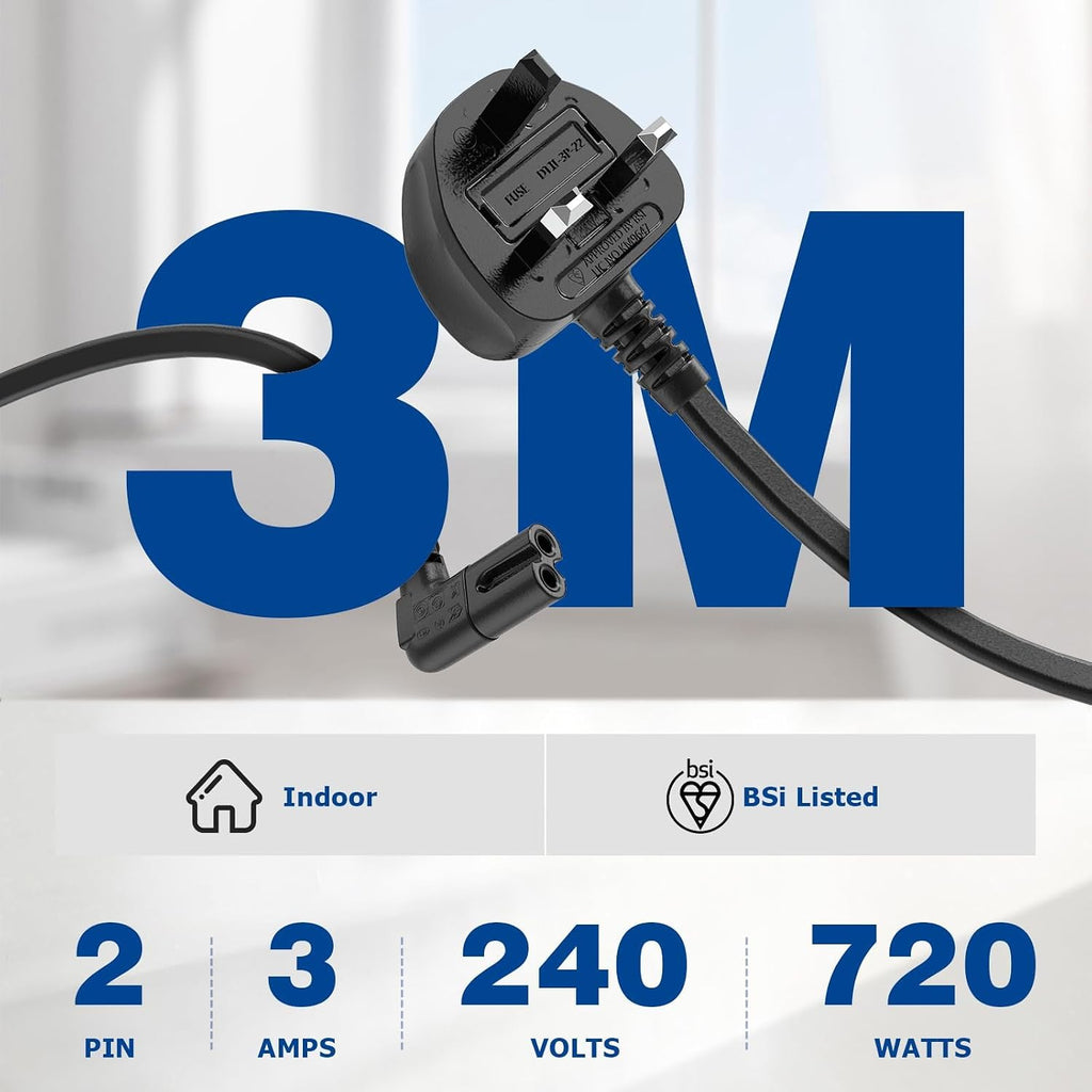 Power Cable Compatible with Samsumg TV 3M, Mellbree Quality Safe Right Angle Suitable for Awkward Space Figure 8 Power Cable Compatible with Samsung, LG, Panasonic TV Black